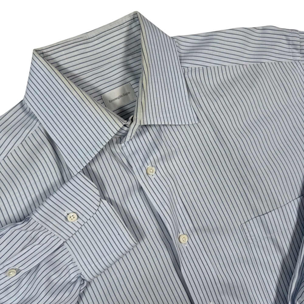 Ermenegildo Zegna Dress Shirt Men 43/ 17 Blue White Pinstripe Preppy Designer